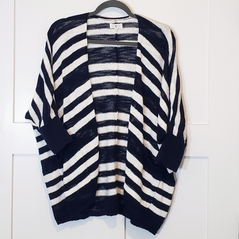 Lou & Grey Blue & White Striped Open Knit Cardigan 3/4 Sleeves Cotton Bl…